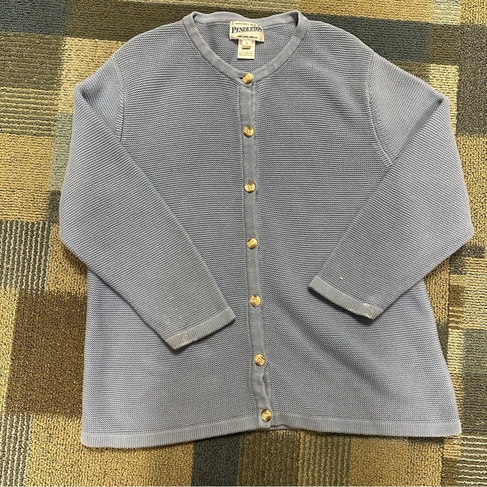 Pendleton Cardigan Coastal Nautical Icy Blue Knit Cottagecore Pastel Size L READ - Picture 2 of 10
